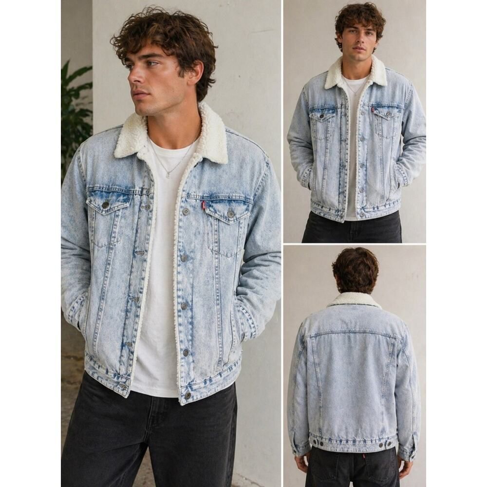Levi’s Sherpa Lined Denim Jacket Acid Wash Trucker Size Large
